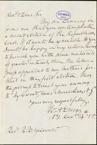 William Alexander Duer, New York, autograph letter signed to R. W. Griswold, 14 December 1855