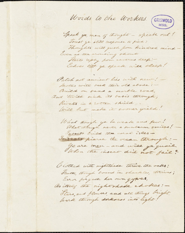 Augustine Joseph Hickey Duganne manuscript poem, [1847-1855]: "Words to the Workers."