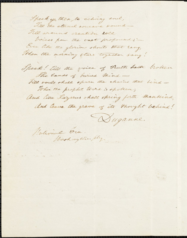 Augustine Joseph Hickey Duganne manuscript poem, [1847-1855]: "Words to the Workers."
