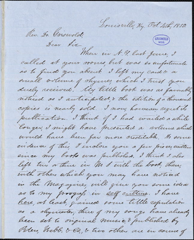 Sidney Dyer, Louisvolle, KY., autograph letter signed to R. W. Griswold, 4 October 1850