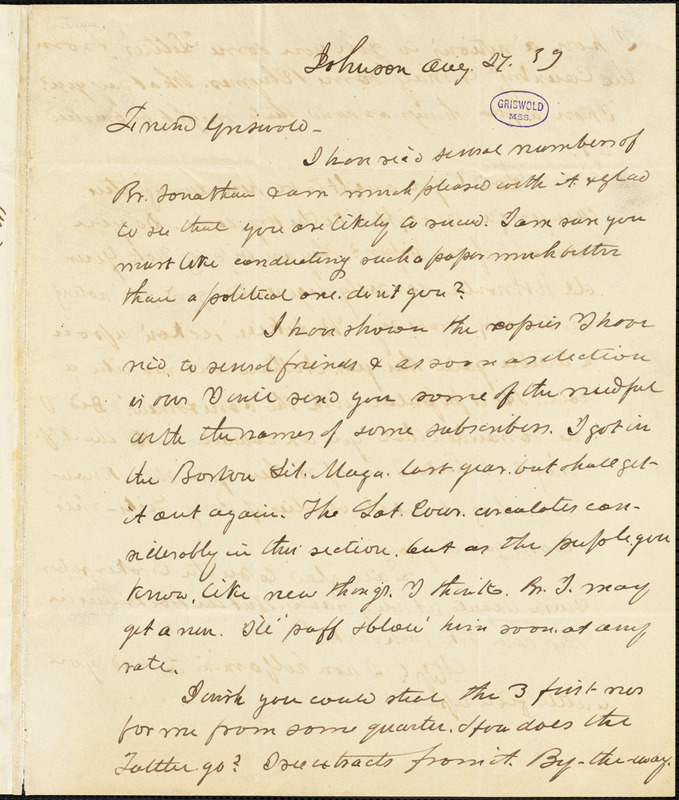 Charles Gamage Eastman, Johnson, VT., autograph letter signed to R. W. Griswold, 27 August 1839