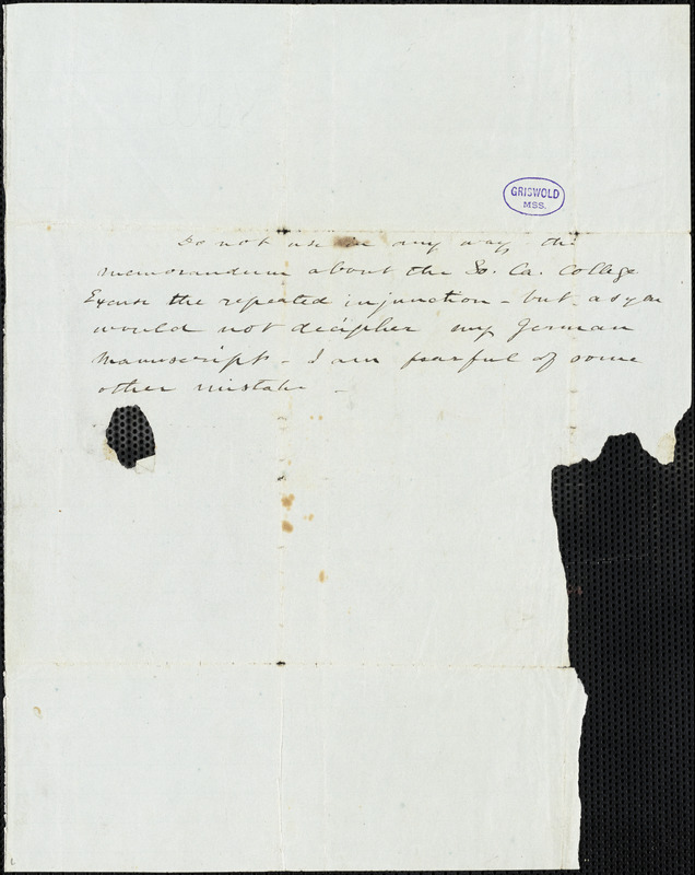 Elizabeth Fries (Lummis) Ellet autograph letter signed to Edgar Allan Poe, 16 December [1845] (Postmarked)