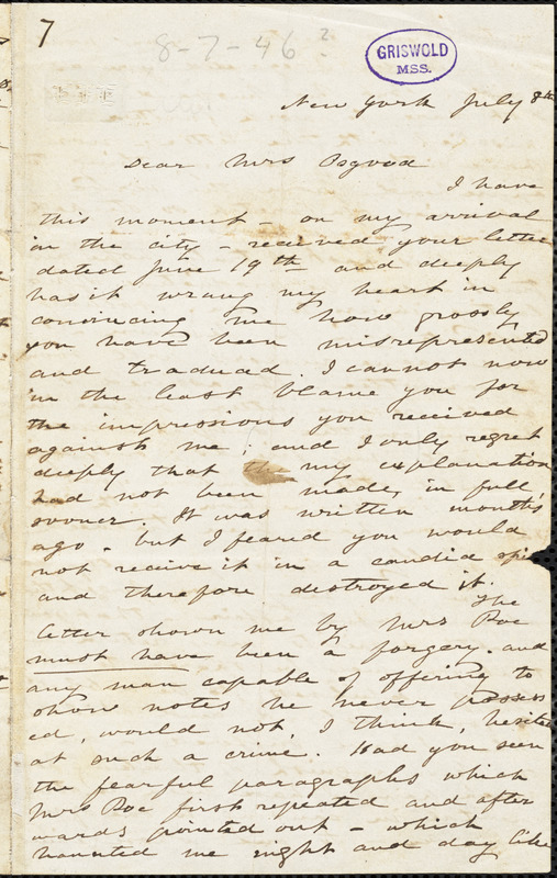 Elizabeth Fries (Lummis) Ellet, New York, autograph letter signed to Frances Sargent (Locke) Osgood, 8 July [1846?]