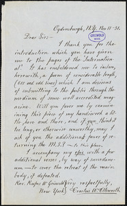 Erastus Wolcott Ellsworth, Ogdensburgh, NY., autograph letter signed to R. W. Griswold, 11 November 1851