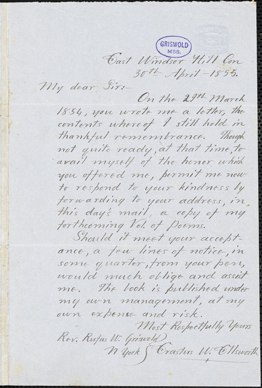 Erastus Wolcott Ellsworth, East Windsor Hill, CT., autograph letter signed to R. W. Griswold, 30 April 1855