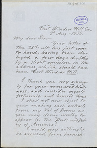 Erastus Wolcott Ellsworth, East Windsor Hill, CT., autograph letter signed to R. W. Griswold, 2 August 1855