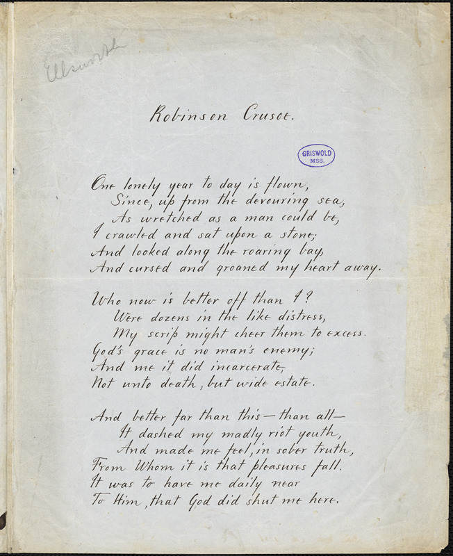 Erastus Wolcott Ellsworth manuscript poem: "Robinson Crusoe."