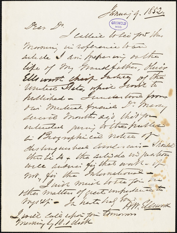 Henry William Ellsworth autograph letter signed to R. W. Griswold, 9 January 1852