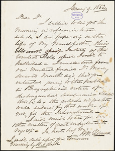 Henry William Ellsworth autograph letter signed to R. W. Griswold, 9 January 1852