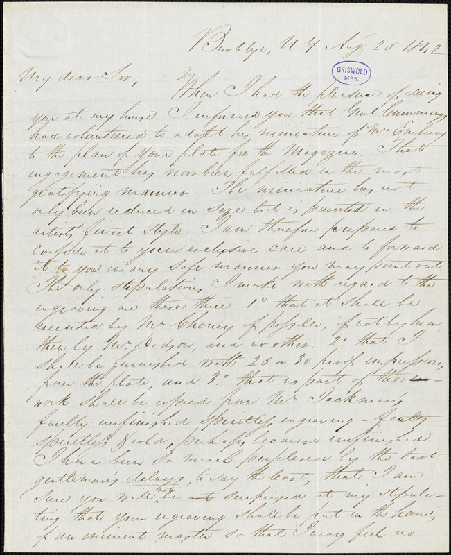 Daniel Embury, Brooklyn, NY., autograph letter signed to R. W. Griswold, 25 August 1842
