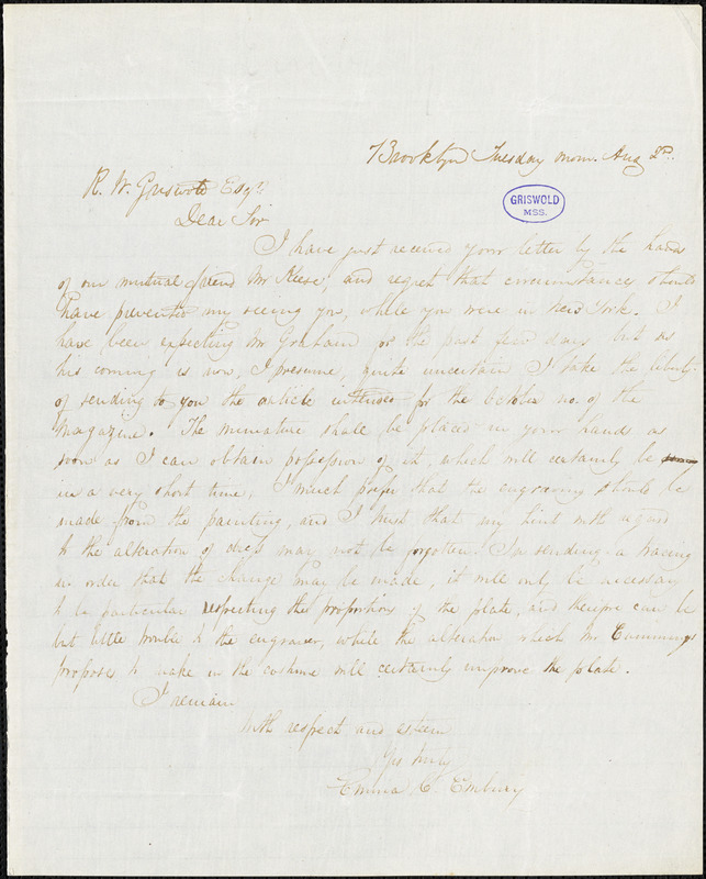 Emma Catherine (Manley) Embury, Brooklyn, NY., autograph letter signed to R. W. Griswold, 2 August [1842?]