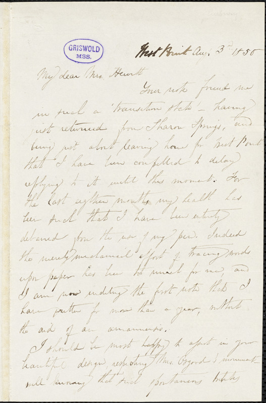 Emma Catherine (Manley) Embury, West Point, NY., autograph letter signed to Mary Elizabeth Hewitt, 3 August 1850
