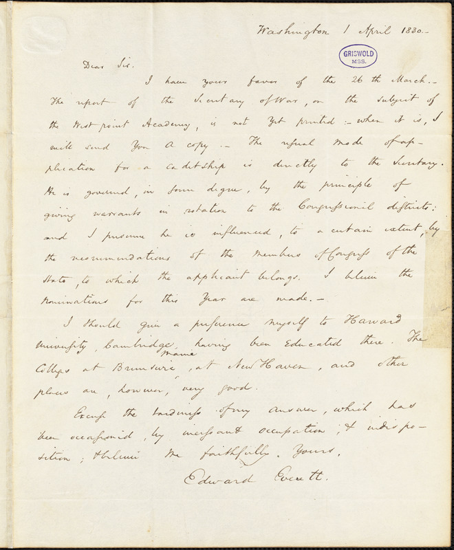 Edward Everett, Washington, DC., autograph letter signed, 1 April 1830