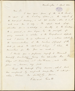 Edward Everett, Washington, DC., autograph letter signed, 1 April 1830