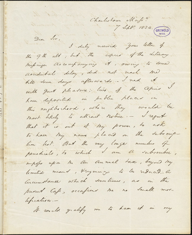 Edward Everett, Charlestown, MA., autograph letter signed to Thomas Willis White, 7 September 1834