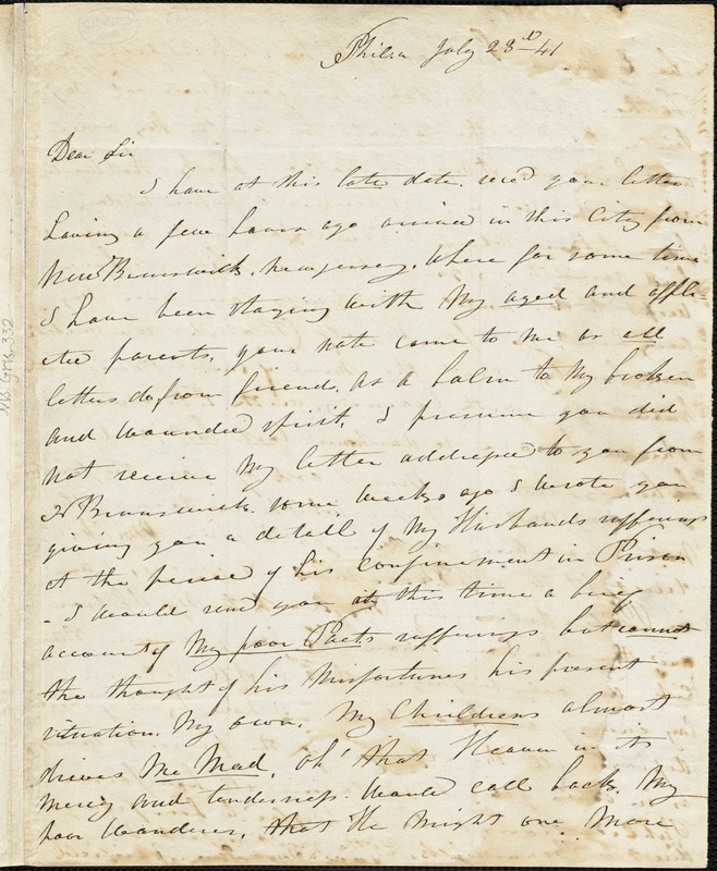 Jane (Frazee) Fairfield, Philadelphia, PA., autograph letter signed to R. W. Griswold, 23 July 1841
