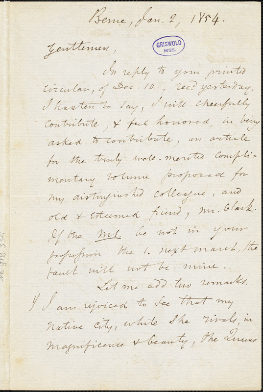 Theodore Sedgwick Fay, Berne, Switzerland., autograph letter signed to John Wakefield Francis, 2 January 1854