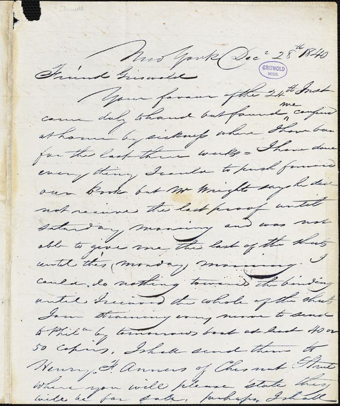 William A. Fennell, New York, autograph letter signed to R. W. Griswold, 28 December 1840
