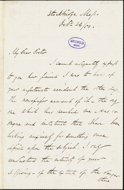 Maunsell Bradhurst Field, Stockbridge, MA., autograph letter signed to R. W. Griswold, 24 October 1853