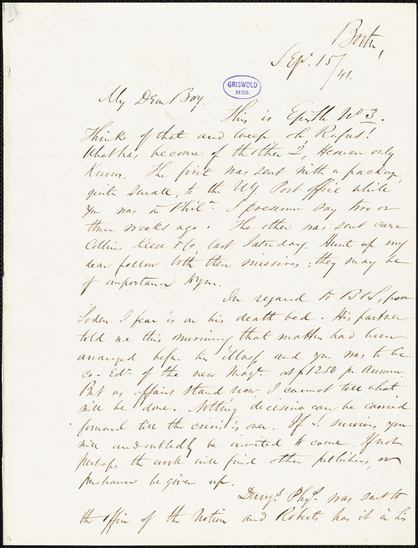 James Thomas Fields, Boston, MA., autograph letter signed to R. W. Griswold, 15 September 1841