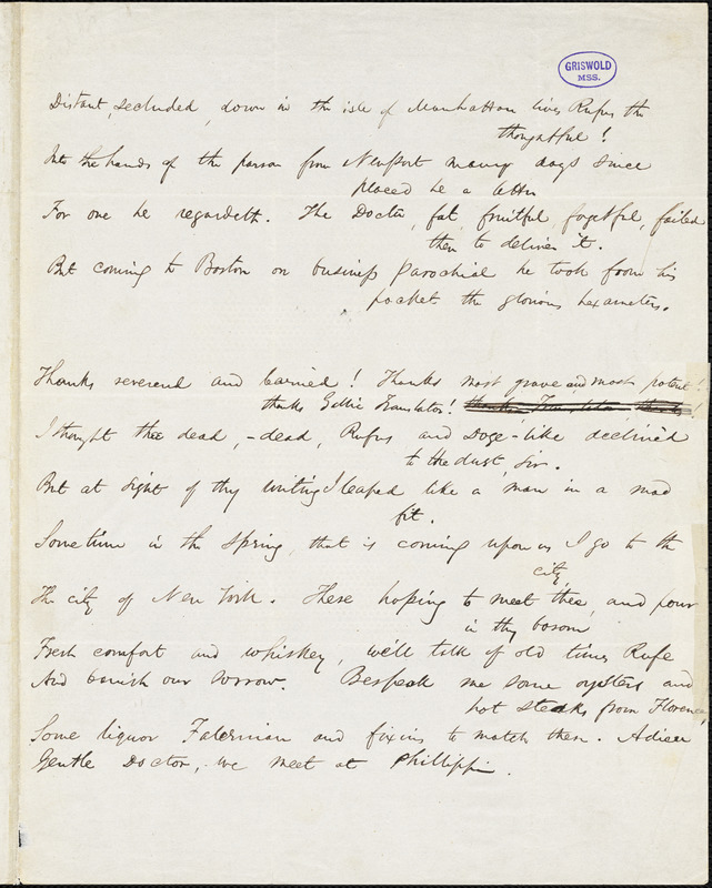 James Thomas Fields manuscript poem, Boston, 12 Feb [1844]: "Distant, secluded, down in the isle of Manhattan lives Rufus the thoughtful!"