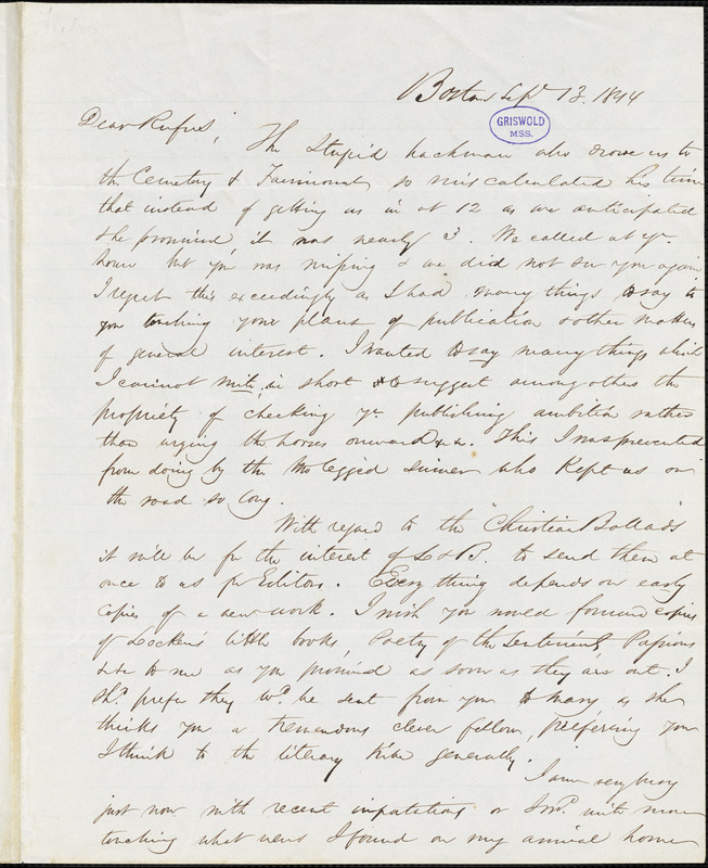 James Thomas Fields, Boston, autograph letter signed to R. W. Griswold, 13 September 1844