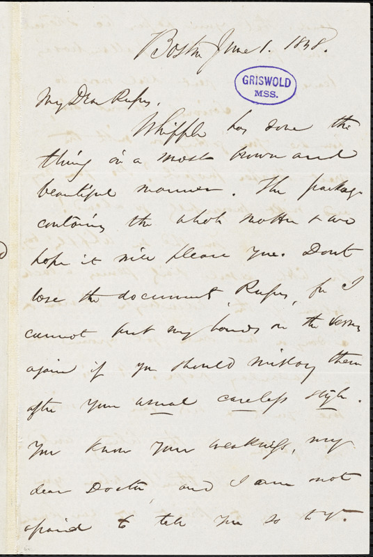 James Thomas Fields, Boston, MA., autograph letter signed to R. W. Griswold, 1 June 1848