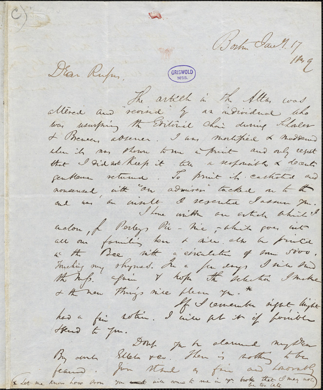 James Thomas Fields, Boston, MA., autograph letter signed to R. W. Griswold, 17 January 1849