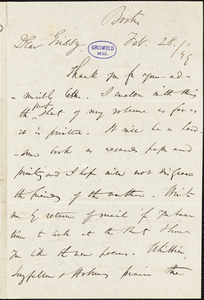 James Thomas Fields, Boston, MA., autograph letter signed to R. W. Griswold, 28 February 1849