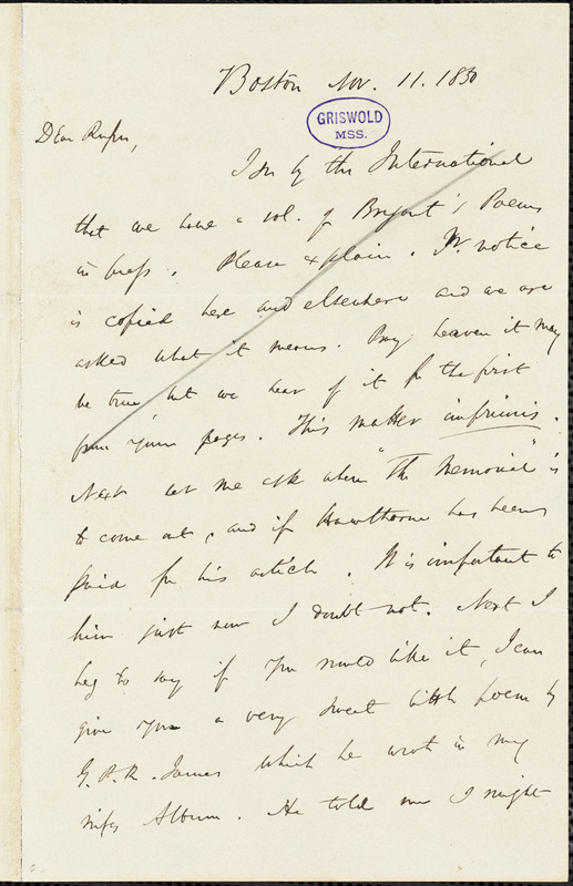 James Thomas Fields, Boston, MA., autograph letter signed to R. W. Griswold, 11 November 1850
