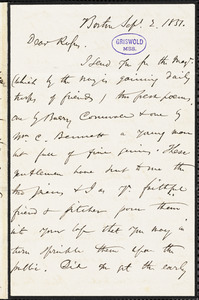 James Thomas Fields, Boston, MA., autograph letter signed to R. W. Griswold, 2 September 1851