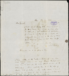 James Thomas Fields, Rome, Italy., autograph letter signed to R. W. Griswold, 29 February 1852