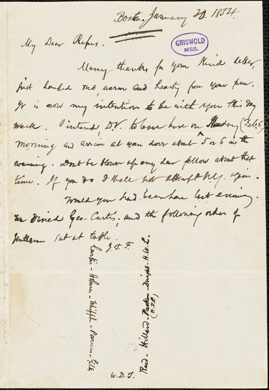 James Thomas Fields, Boston, MA., autograph letter signed to R. W. Griswold, 30 January 1854