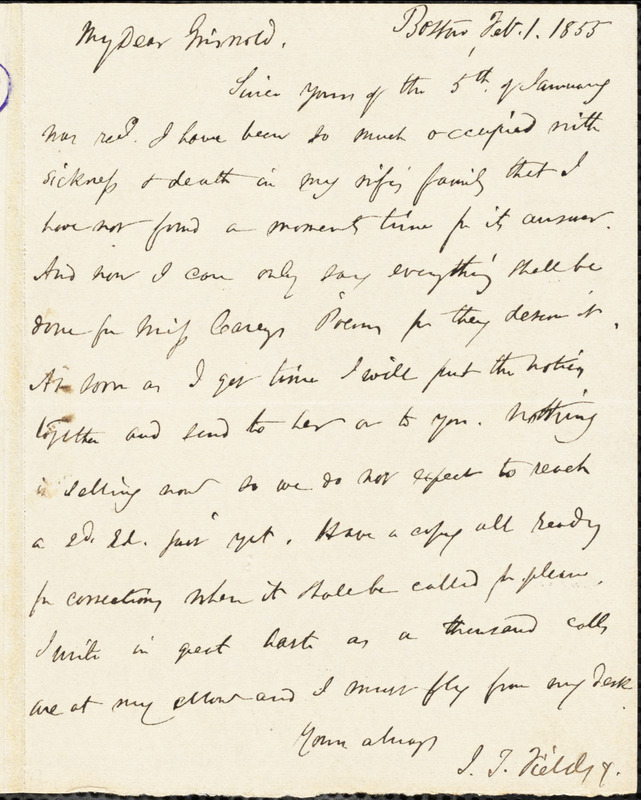 James Thomas Fields, Boston, MA., autograph letter signed to R. W. Griswold, 1 February 1855