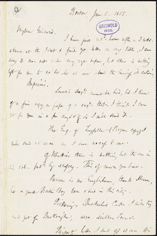 James Thomas Fields, Boston, MA., autograph letter signed to R. W. Griswold, 5 June 1855