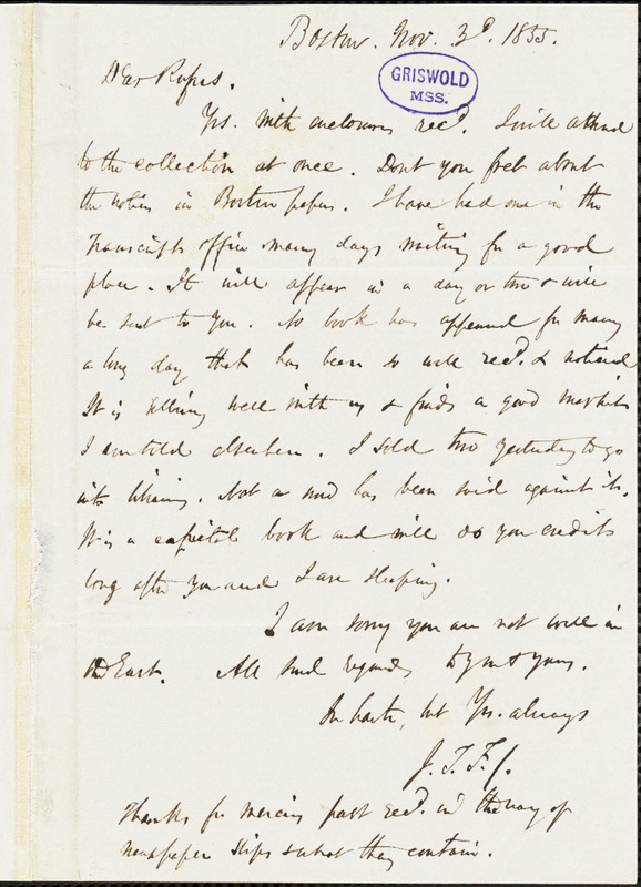 James Thomas Fields, Boston, MA., autograph letter signed to R. W. Griswold, 3 November 1855