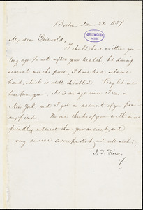 James Thomas Fields, Boston, MA., autograph letter signed to R. W. Griswold, 26 January 1857