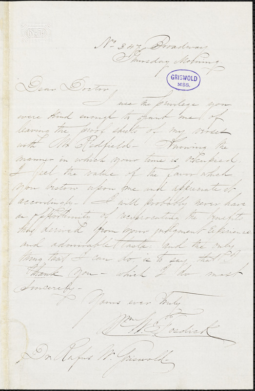 William Whiteman Fosdick, No .347 Broadway, (New York?) Thursday morning., autograph letter signed to R. W. Griswold