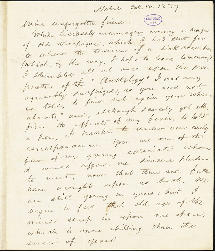George G. Foster, Mobile, AL., autograph letter signed to R. W. Griswold, 16 October 1837