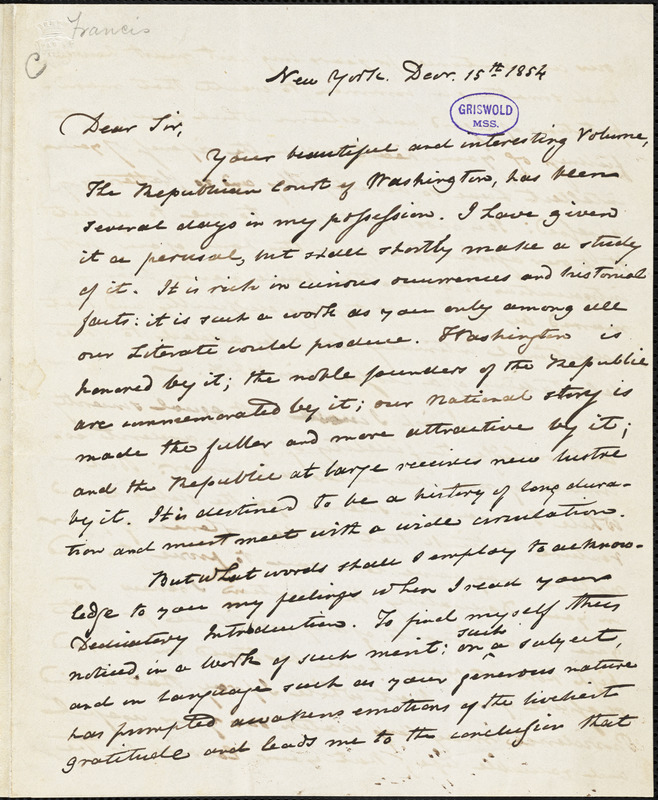 John Wakefield Francis, New York, autograph letter signed to R. W. Griswold, 15 December 1854