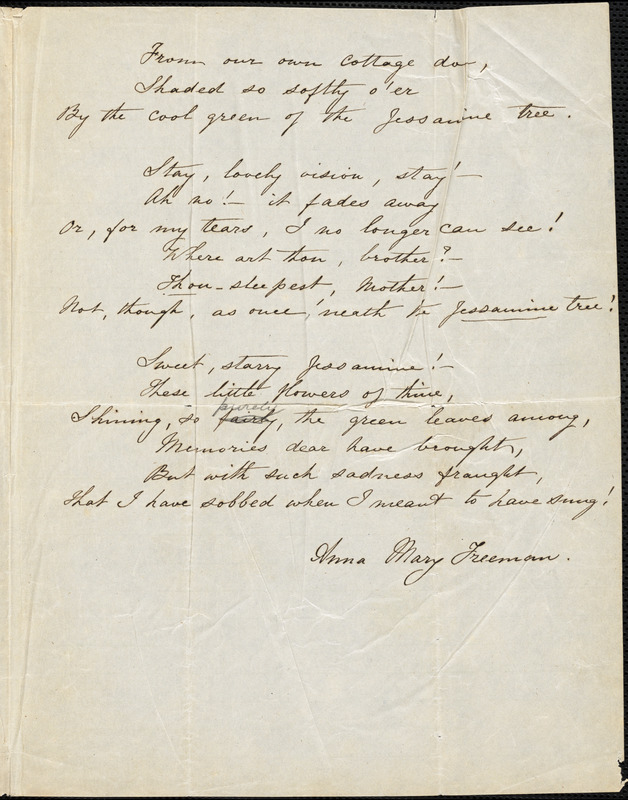 Anna Mary Freeman manuscript poem: "Lines on seeing some Jessamine Flowers."