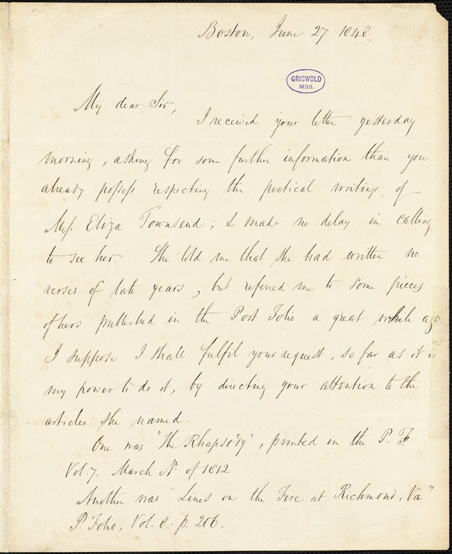 Nathaniel Langdon Frothingham, Boston, MA., autograph letter signed to R. W. Griswold, 27 June 1848