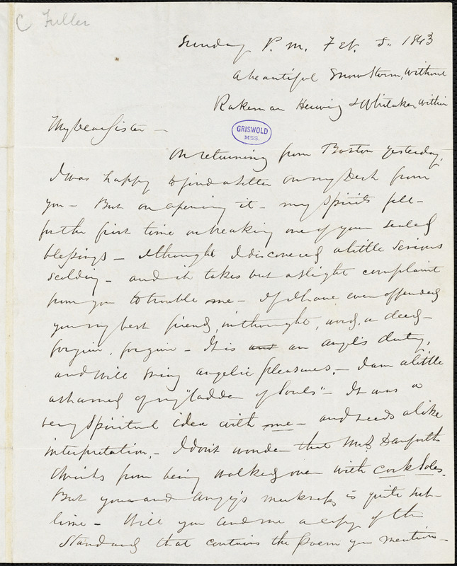 Hiram Fuller, Providence, RI., autograph letter signed to Frances Sargent (Locke) Osgood, 5 February 1843