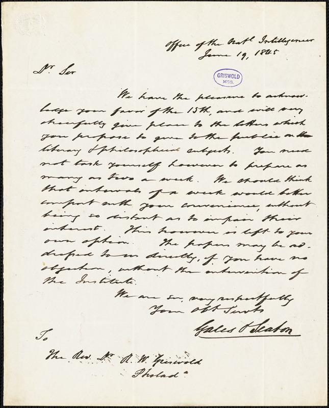 Gales & Seaton, Office of the National Intelligencer., autograph letter signed to R. W. Griswold, 19 June 1845