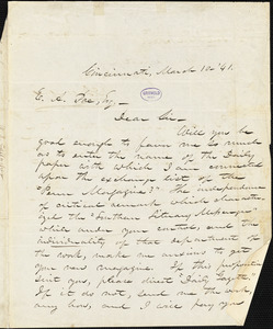 William Davis Gallagher, Cincinnati, OH., autograph letter signed to Edgar Allan Poe, 10 March 1841