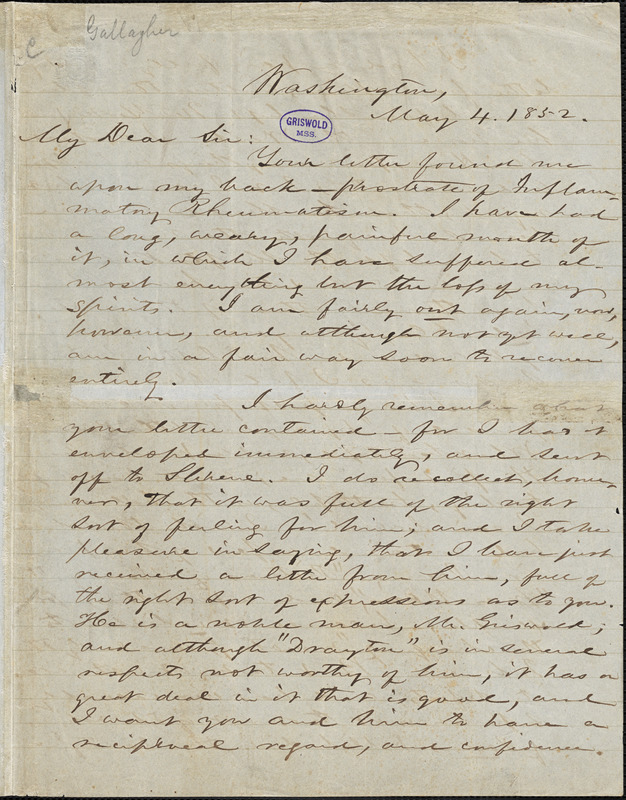 William Davis Gallagher, Washington, DC., autograph letter signed to R. W. Griswold, 4 May 1852
