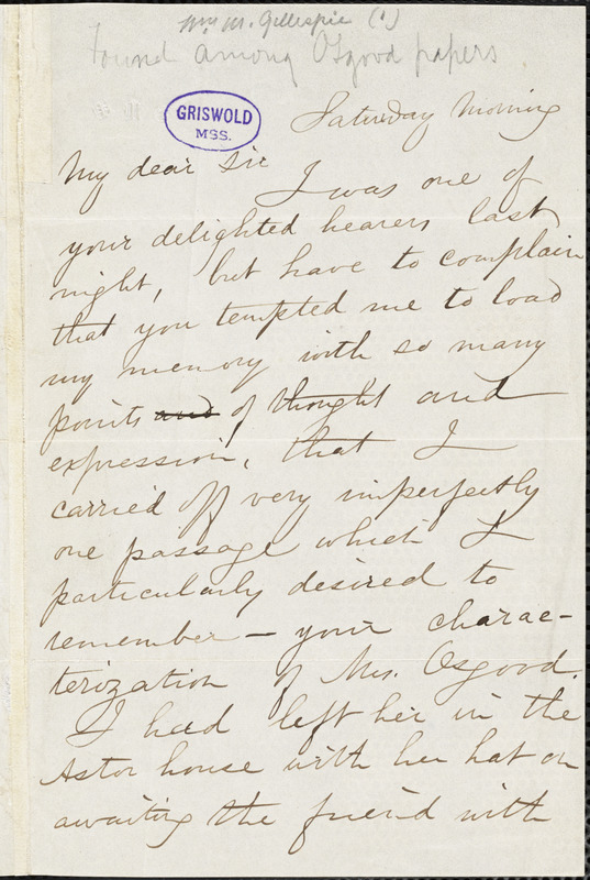 William Mitchell Gillespie, Saturday morning, autograph letter signed to Edgar Allan Poe