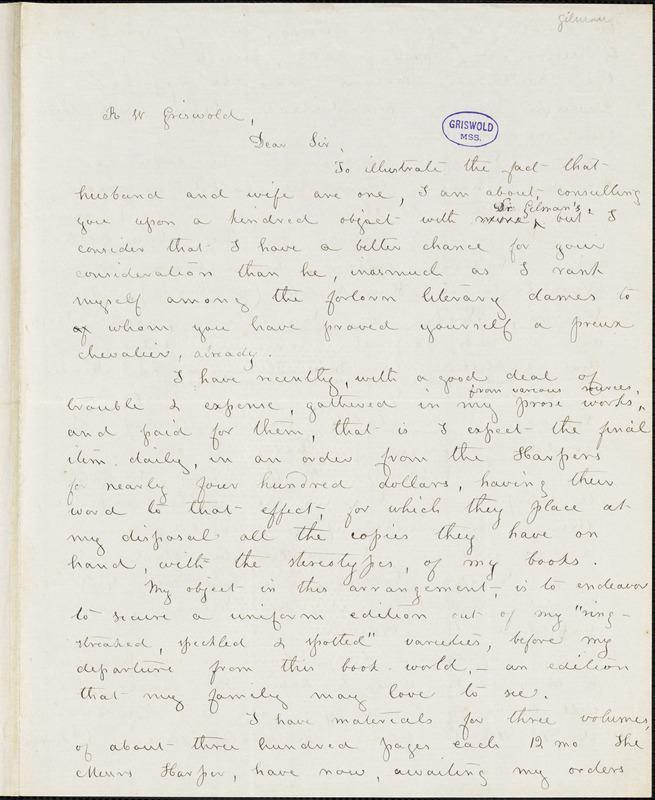 Caroline (Howard) Gilman, Charleston, SC., autograph letter signed to R. W. Griswold, 9 December 1851