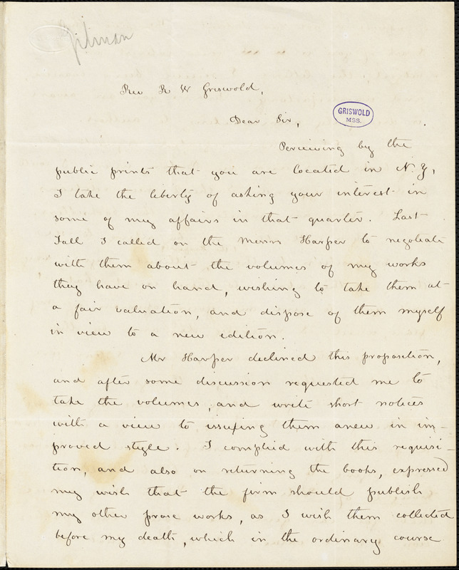 Caroline (Howard) Gilman, Charleston, SC., autograph letter signed to R. W. Griswold, 1 July [1852?]