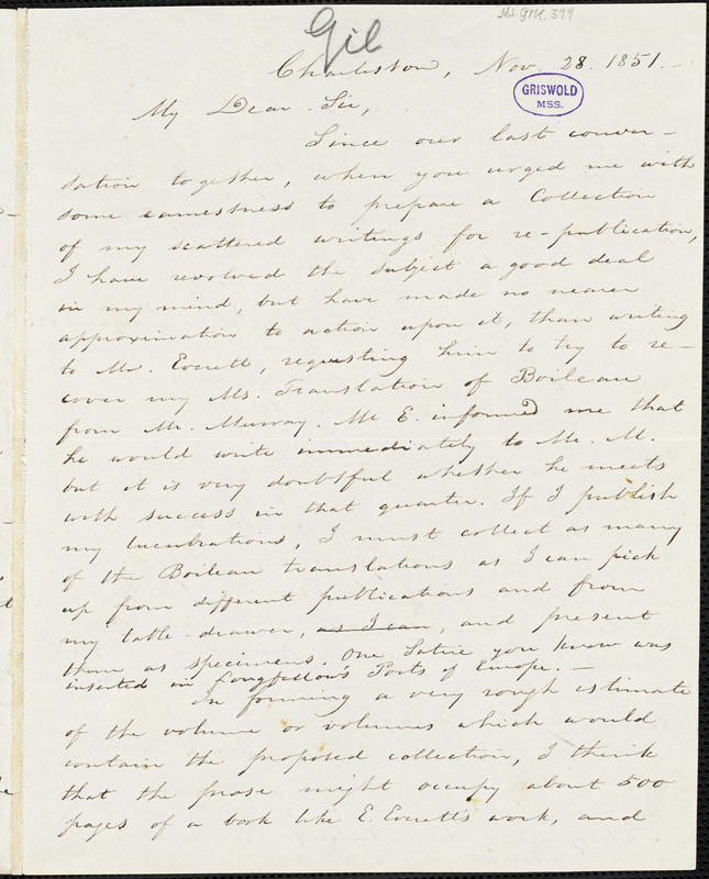 Samuel Gilman, Charleston, SC., autograph letter signed to R. W. Griswold, 28 November 1851